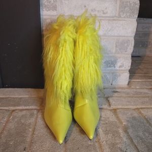 Yellow Patent Leather Fur Booties